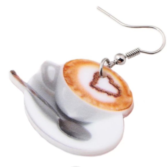 Dangle Heart Latte Cappuccino Coffee Cup Saucer Earrings NEW! 765 - Picture 4 of 7